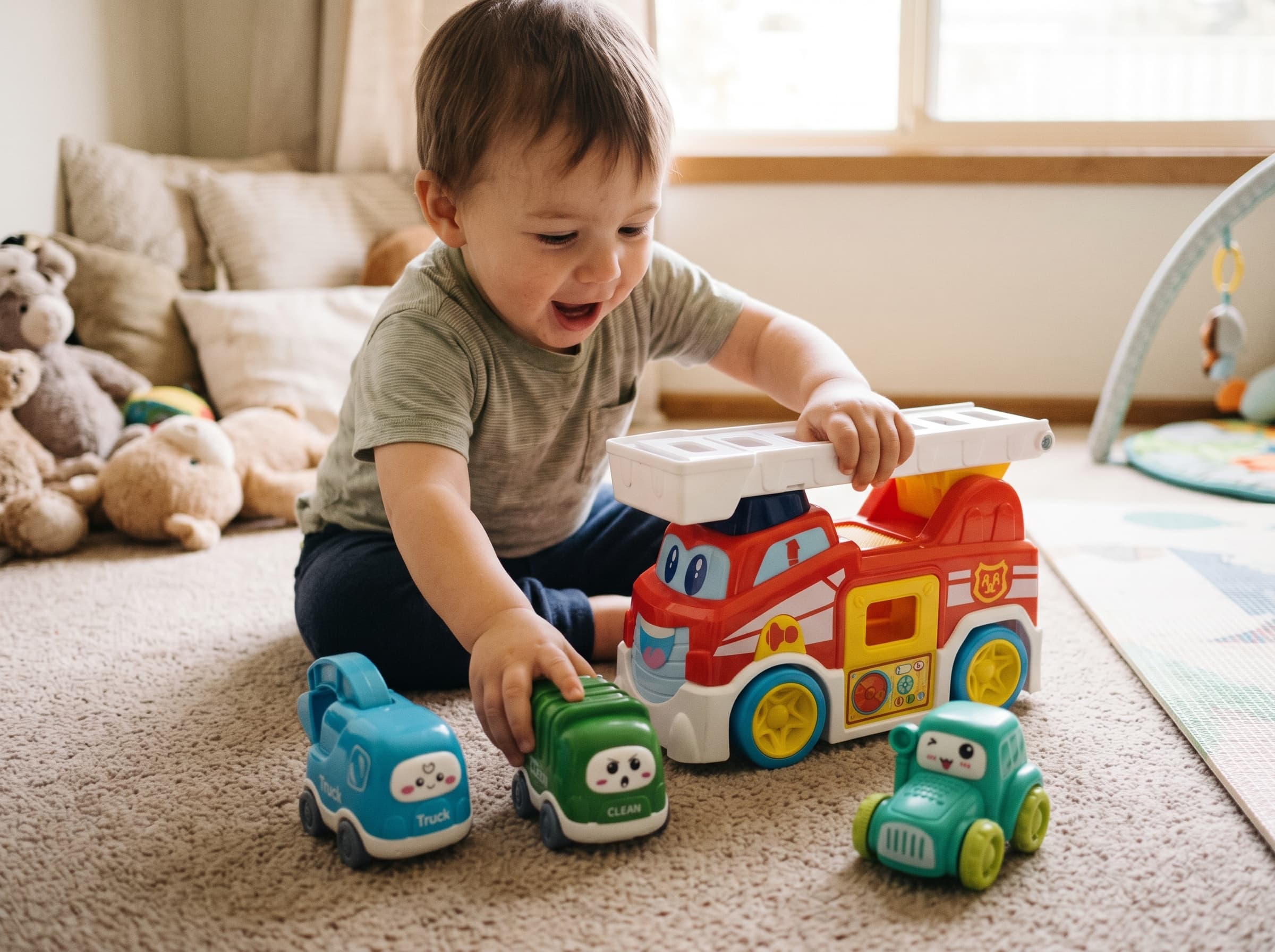 Pre-loved Cartoon Fire Truck with Ladder & 3 Mini Vehicles Play Set