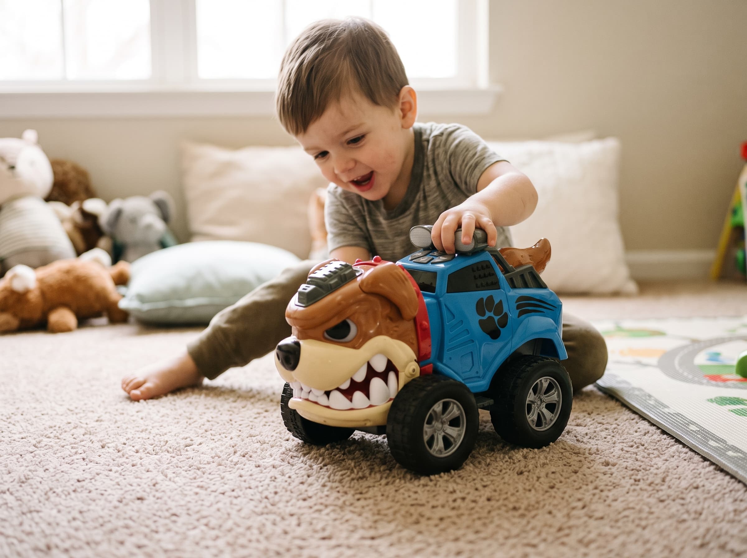 Pre-loved Bulldog Monster Truck Toy – Blue Off-Road Truck with Big Dog Head